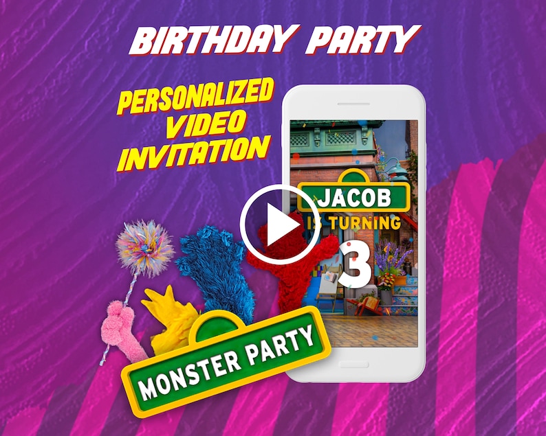 Monster birthday party video invitation, kids street digital animated invite for mobile