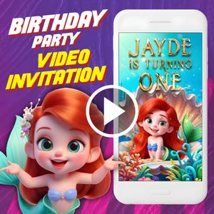 Baby little Mermaid birthday party video invitation, Ariel digital animated video invite for mobile, girly e invitation