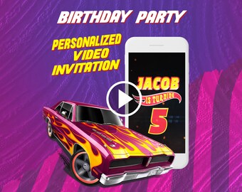 Hot Cars racing birthday party video invitation, boy digital animated invite for mobile