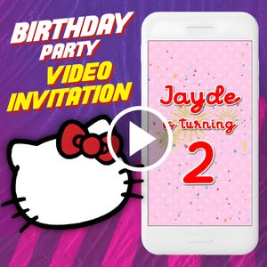 Kätzchen Geburtstags-Party Video Einladung, Kawaii digital animierte Videoeinladung für Handy, Kinder und Einladung