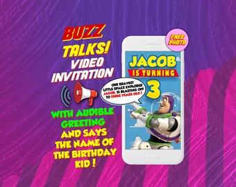 Buzz Lightyear talks video invitation, digital animated mobile invite with voice and free photo