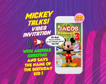 Invitation vidéo d'anniversaire Mickey parle, invitation mobile numérique animée avec voix et photo gratuite