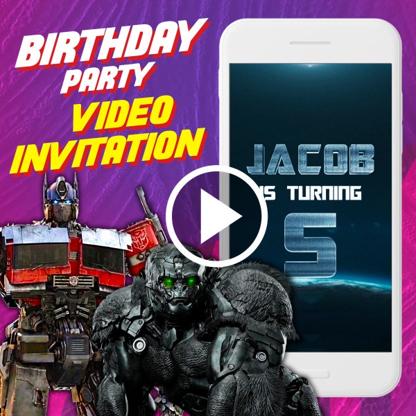 Transformers Rise of the Beasts birthday party video invitation, Optimus digital animated video invite for mobile, autobots e invitation