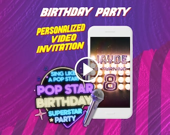 Invitation vidéo fête d'anniversaire superstar, invitation numérique animée chanteuse pop pour mobile
