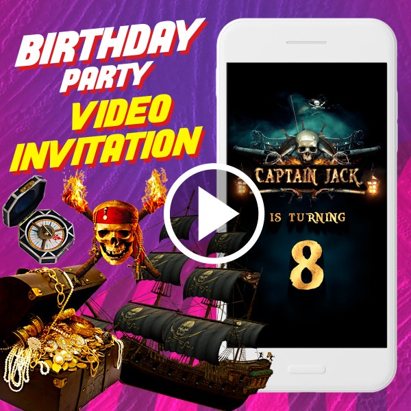 Invitation vidéo de fête d'anniversaire de pirates, invitation vidéo d'animation numérique pirates des Caraïbes pour mobile, invitation capitaine Jack e