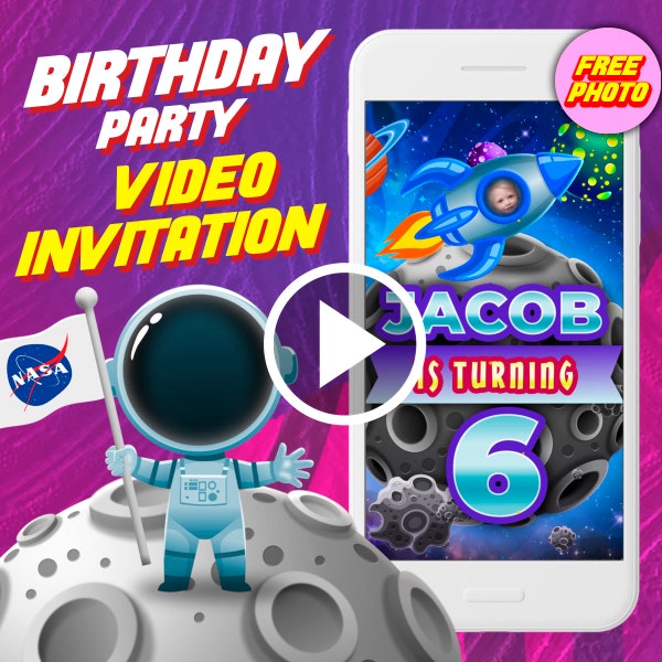 Outer space astronaut birthday party video invitation, cosmos rocket digital animated video invite for mobile, galaxy e invitation