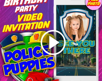 Invito video per la festa di compleanno dei cuccioli della polizia, invito video animato digitale per bambini per dispositivi mobili, baby e invito