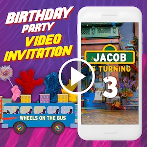 Wheels on the bus birthday party video invitation, kids digital animated video invite for mobile, street monsters e invitation