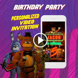 Five Nights at Freddy birthday video invitation, animatronics digital animated invite for mobile