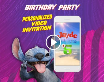 Invitation vidéo de fête d'anniversaire film Stitch, invitation animée numérique Aloha Hawaii pour mobile