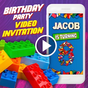 Brick building blocks birthday party video invitation, blocks digital animated video invite for mobile, e invitation