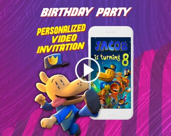Faire-part vidéo pour fête d'anniversaire homme chien, invitation numérique animée Supa cop pour mobile