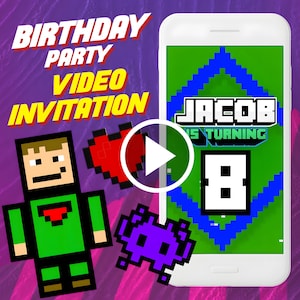 Game birthday party video invitation, gaming digital animated video invite for mobile, gamer e invitation