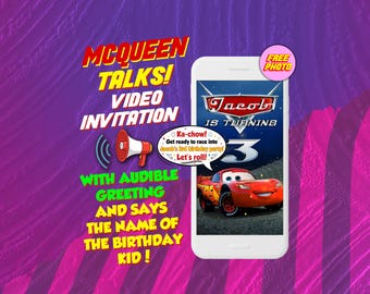 Invitation vidéo Lightning McQueen pourparlers, invitation mobile numérique animée avec voix et photo gratuite