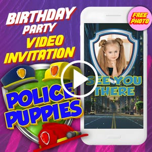 Police puppies birthday party video invitation, kids digital animated video invite for mobile, baby e invitation