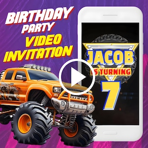 Monster truck birthday party video invitation, monster jam digital animated video invite for mobile, boy e invitation
