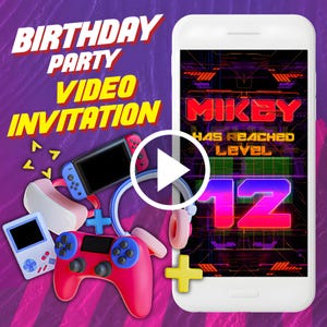 Game birthday party video invitation, gaming digital animated video invite for mobile, gamer e invitation