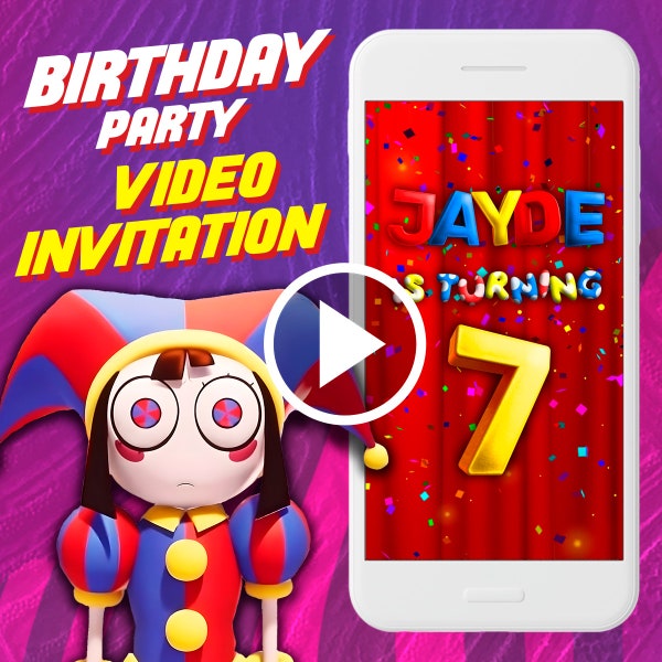 The amazing digital circus birthday party video invitation, Pomni digital animated video invite for mobile, kids e invitation