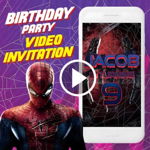 May include: A video invitation for a birthday party featuring a Spiderman theme. The invitation shows a red and blue Spiderman costume with a black spider web design. The text on the invitation reads "Birthday Party Video Invitation" and "Jacob is turning 9".