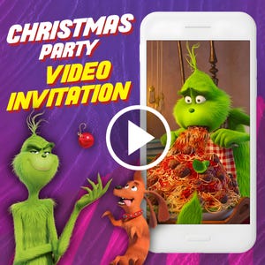 Invitación en video de fiesta de cumpleaños de El Grinch, invitación en video animada digital para evento navideño para dispositivos móviles, invitación electrónica de Navidad