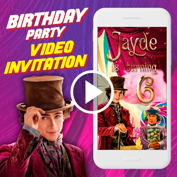 Willy Wonka birthday party video invitation, chocolate factory digital animated video invite for mobile, golden ticket e invitation