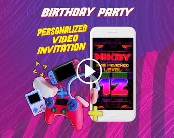 Game birthday party video invitation, gamer digital animated invite for mobile