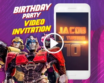 Transformers One video-uitnodiging verjaardagsfeestje, digitale geanimeerde autobots-uitnodiging voor mobiel