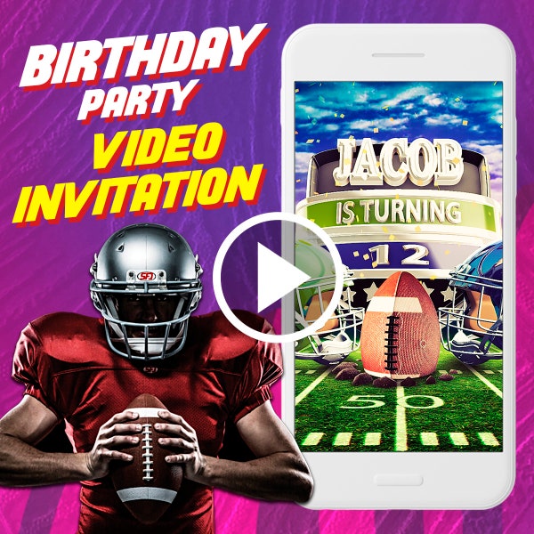 American football birthday party video invitation, NFL digital animated video invite for mobile, sport e invitation