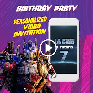 May include: A digital birthday party video invitation featuring a blue and red robot character next to a smartphone displaying the text JACOB IS TURNING 7. The background is a purple and pink gradient with the text BIRTHDAY PARTY PERSONALIZED VIDEO INVITATION.