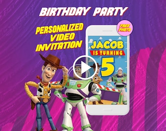 Invitation vidéo d'anniversaire Toy Story, invitation numérique animée pour mobile pour enfants avec photo gratuite