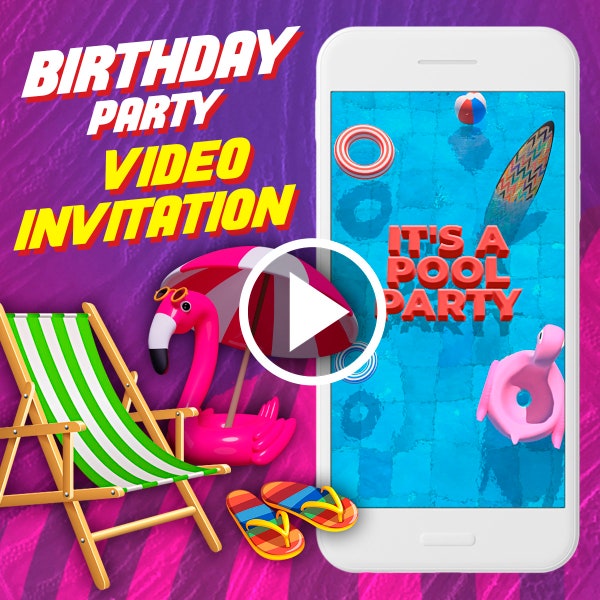 Poolparty verjaardag video-uitnodiging, zwemfeest digitale geanimeerde video-uitnodiging voor mobiel, e-uitnodiging