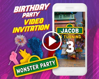 Monster birthday party video invitation, kids digital animated video invite for mobile, street monsters e invitation