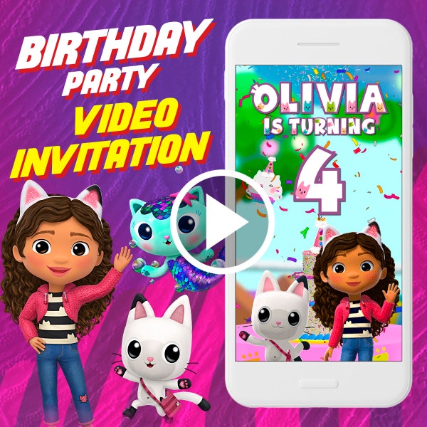 Gabby dollhouse birthday party video invitation, Gabby digital animated video invite for mobile, e invitation