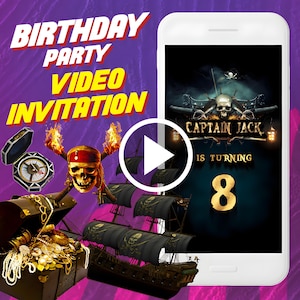 Invitación en video para fiesta de cumpleaños de piratas, invitación en video animada digital de piratas del Caribe para dispositivos móviles, invitación electrónica del capitán Jack