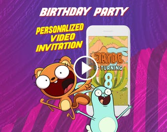 Kiff und Barry Geburtstagseinladung per Video, Eichhörnchen und Hase digital animierte Einladung für Handy