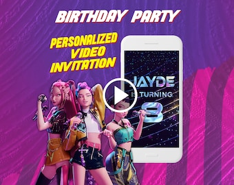 May include: A digital birthday party invitation on a smartphone. The invitation features three animated figures holding microphones, with the text "BIRTHDAY PARTY" and "PERSONALIZED VIDEO INVITATION". The phone screen displays "JAYDE IS TURNING 8".