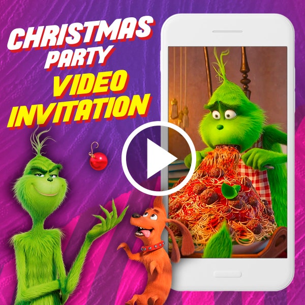 Invitación de video de la fiesta de cumpleaños de Grinch, invitación de video animado digital de evento navideño para móvil, invitación electrónica de Navidad