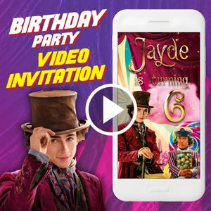 Willy Wonka Geburtstagsfeier Videoeinladung, Schokoladenfabrik digital animierte Videoeinladung für Handy, goldenes Ticket und Einladung