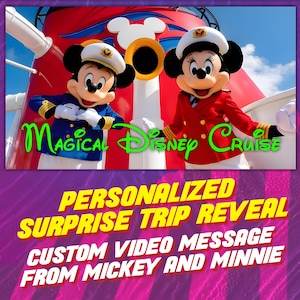 Personalized surprise trip Disney cruise reveal video, custom message from captains Mickey and Minnie, magical trip cruise announcement
