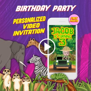 Safari adventure birthday party video invitation, jungle animals digital animated invite for mobile
