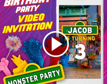 Monster birthday party video invitation, kids digital animated video invite for mobile, street monsters e invitation