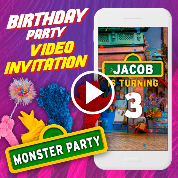 Monster birthday party video invitation, kids digital animated video invite for mobile, street monsters e invitation