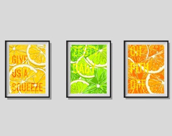 Citrus Fruit Print Set, Lemon, Orange and Lime Art Prints, A5 Kitchen Wall Art Prints