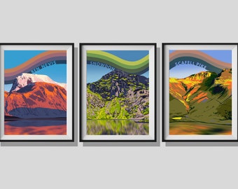 Ensemble de trois, imprimé Three Peak Challenge, Snowdon, Ben Nevis et Scafell Pike, Parcs nationaux, Randonnée, Affiche de voyage d'aventure, Montagne