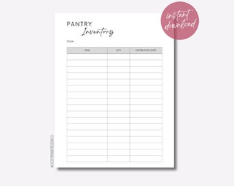 May include: Printable pantry inventory list with columns for item, quantity, and expiration date. The text "Pantry Inventory" is at the top of the page.