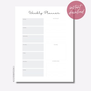 Instant Download - Weekly Planner - Weekly Planner Printable - Weekly Organization - Weekly Planner and Notes - PDF Printable