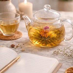 May include: A clear glass teapot with a blooming flower tea inside, next to a teacup and a notebook with a pen. The tea is a golden color, and the flower is a mix of orange and pink. A lit candle and dried orange slices are also visible.