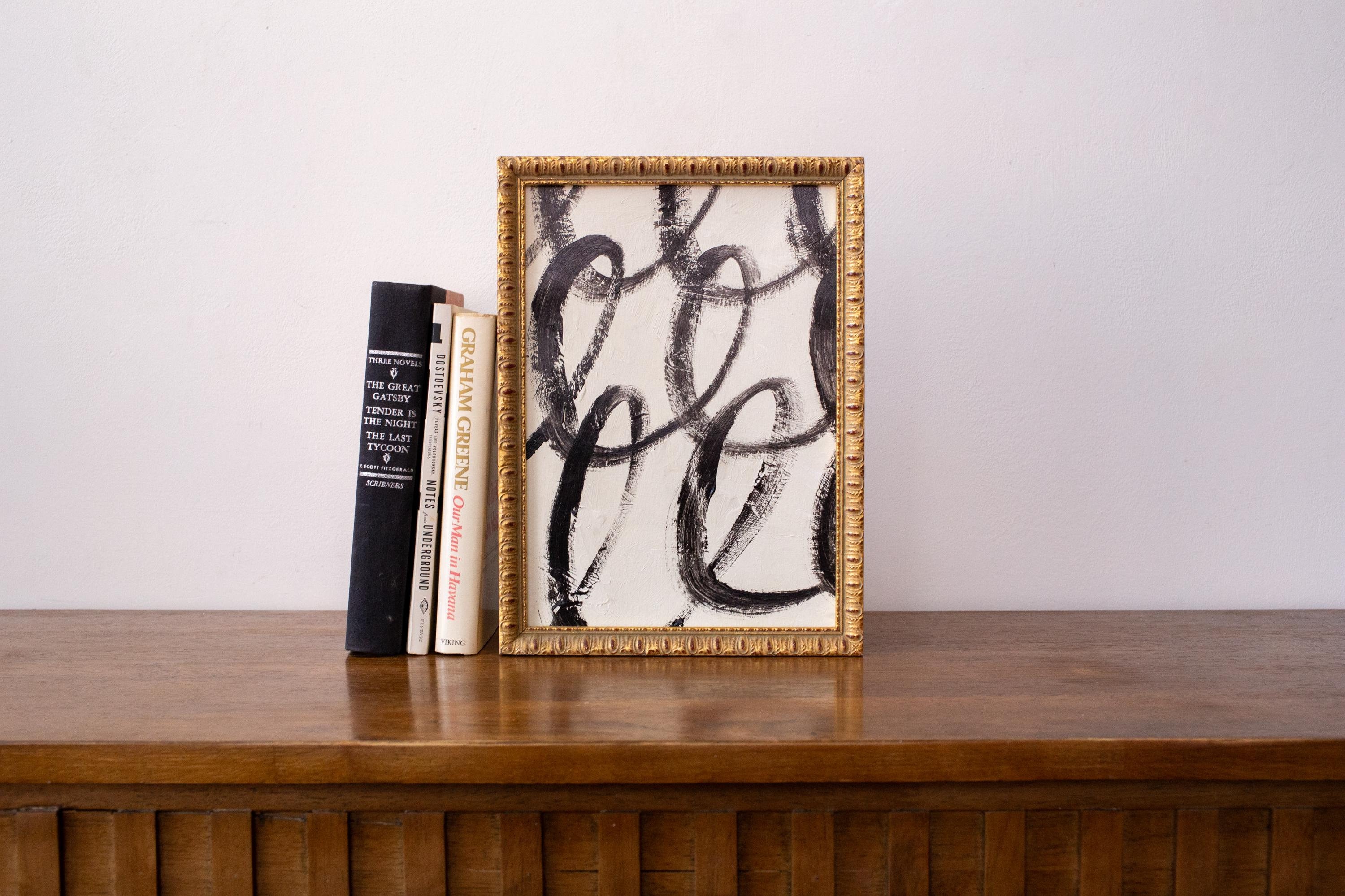 Original Abstract in Antique Gold Frame / Small Framed Painting / Black and White Wall Art / Minimalist Art / Twombly Scribbles