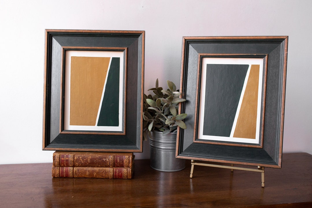 Pair of Paintings in Forest Green and Gold / Geometric Abstract Art in Vintage Frames / Small