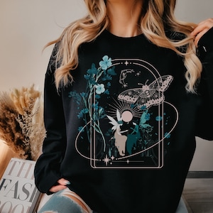 Whimsigoth fairy sweatshirt, fairycore, goblincore fairy shirt, mystical shirt, fairy garden sweatshirt, moth shirt, luna moth shirt, fairy